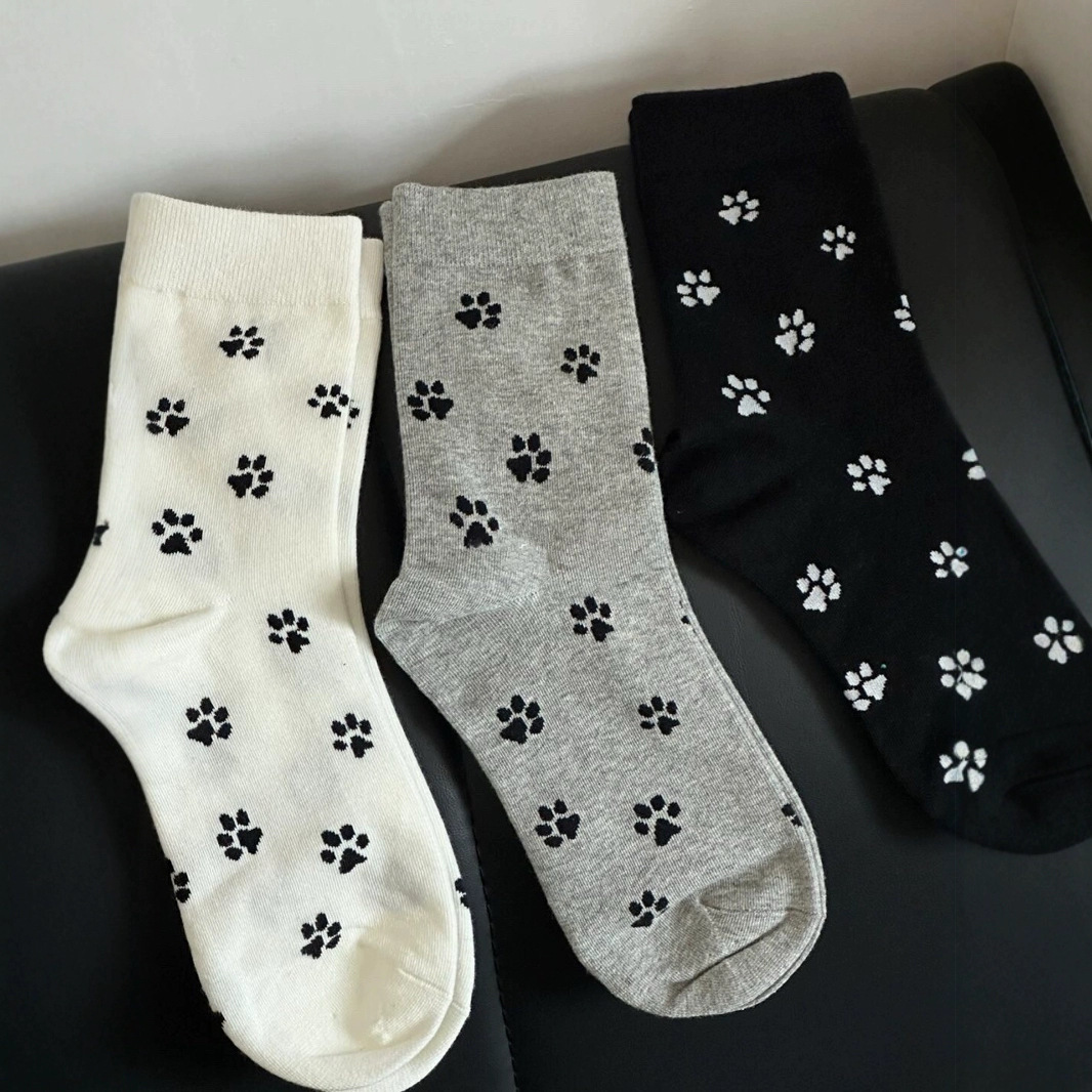 Cute Paw Print Cotton Socks – Soft Breathable Mid-Calf Socks for Women (White / Gray / Black)
