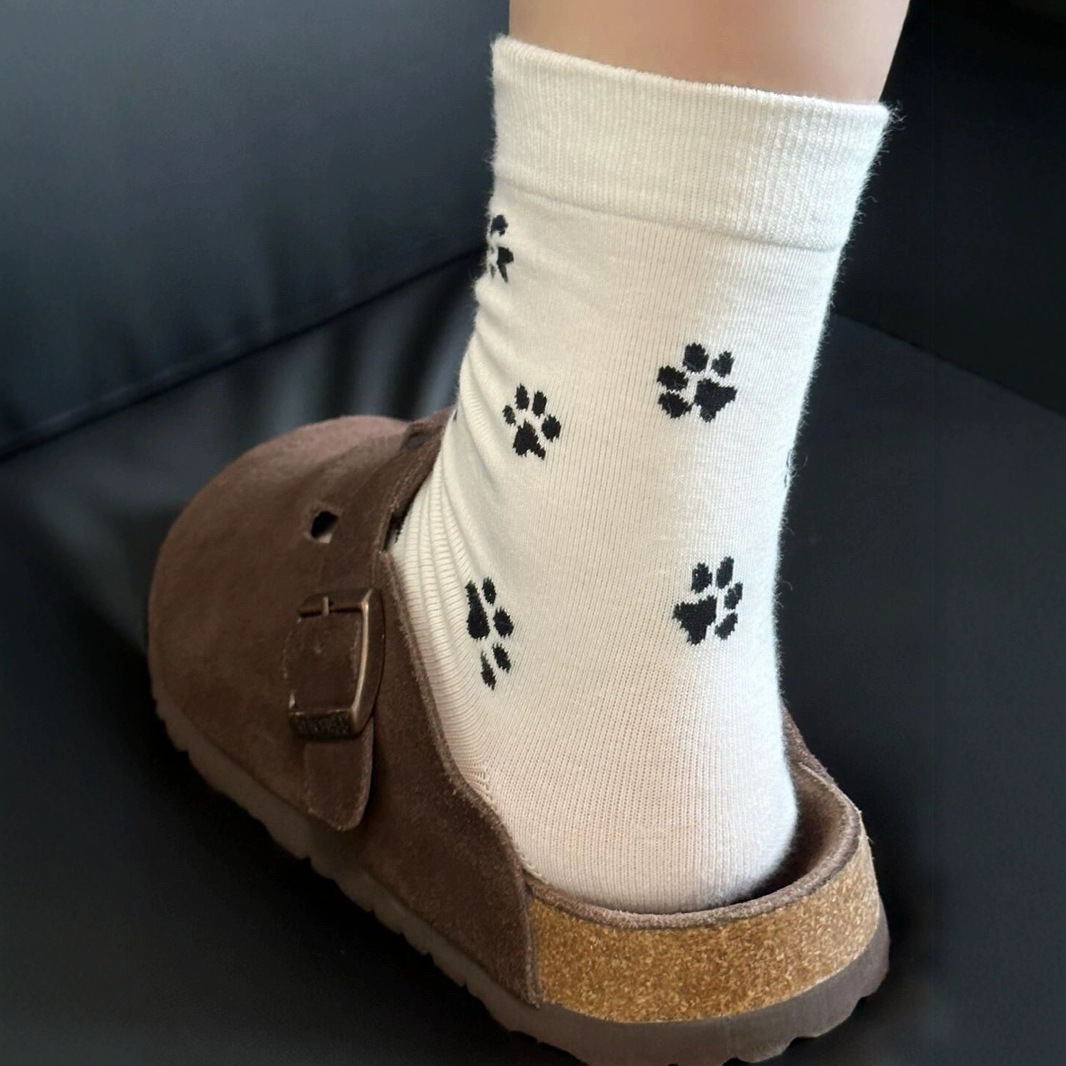 Cute Paw Print Cotton Socks – Soft Breathable Mid-Calf Socks for Women (White / Gray / Black) - Image 4