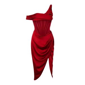 One-Shoulder Draped Evening Dress – Elegant Asymmetrical Gown with Corset Waist