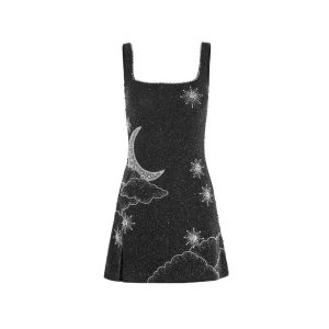 Moon and Star Sequin Mini Dress – Sparkling Spaghetti Strap Bodycon Party Dress