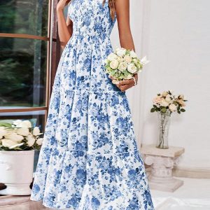 French Vintage Floral Spaghetti Strap Maxi Dress – Elegant Flowy Summer Chiffon Dress