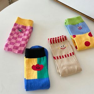 4 Pairs Cartoon Smiley Patchwork Cotton Socks – Fun Colorful Mid-Calf Socks for Women, Soft and Breathable