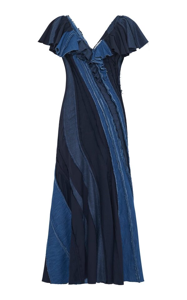 Osmin Patchwork Midi Dress in Medium Blue Recycled Cotton Linen Denim - Image 1