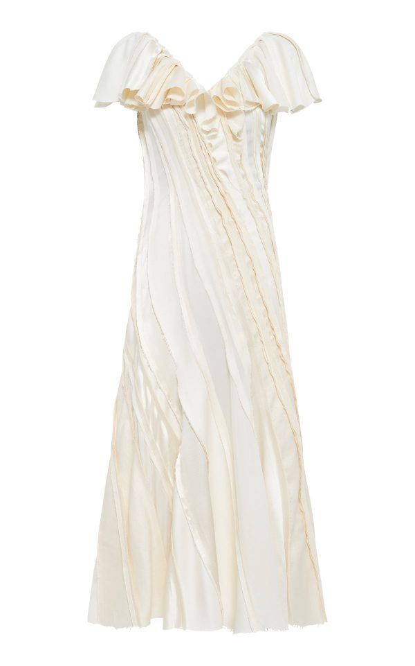 Osmin Patchwork Midi Dress in Ivory Textured Linen Slub - Image 1
