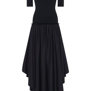 Sirona Pleated Maxi Dress in Black Virgin Wool Silk with Linen