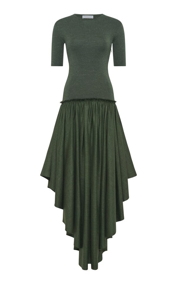 Sirona Pleated Maxi Dress in Olive Virgin Wool Silk with Linen - Image 1