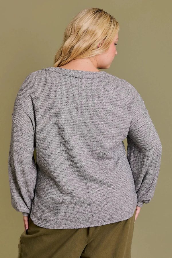 Plus Size Long Sleeve Twisted Side Waffle Knit Top - Image 2