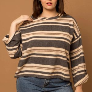 Plus Size striped Long Sleeve Round Neck Top