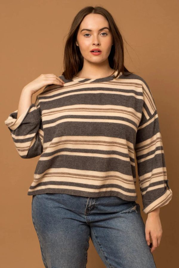 Plus Size striped Long Sleeve Round Neck Top - Image 1