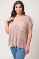 Plus Size Boxy Front Pocket Short Sleeve Sweater Top - Image 3