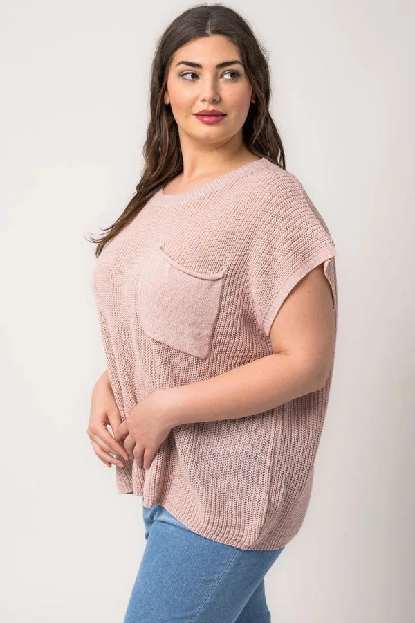Plus Size Boxy Front Pocket Short Sleeve Sweater Top - Image 4