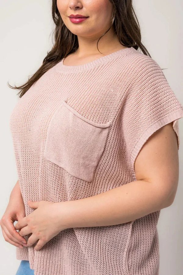 Plus Size Boxy Front Pocket Short Sleeve Sweater Top - Image 5