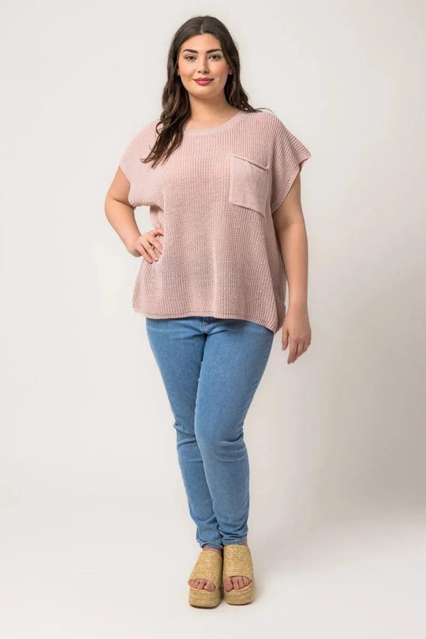 Plus Size Boxy Front Pocket Short Sleeve Sweater Top - Image 6