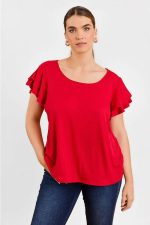Plus Size Short Fluttery Sleeves Round Neck Ribbed Top - Image 16