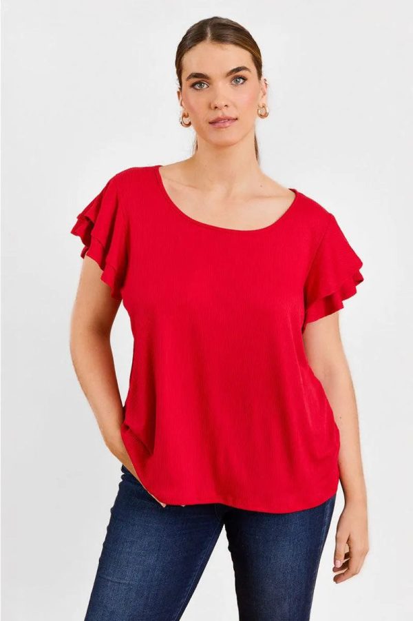 Plus Size Short Fluttery Sleeves Round Neck Ribbed Top - Image 16