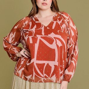 Plus Size Ruffle Abstract Long Sleeve V-Neck Blouse