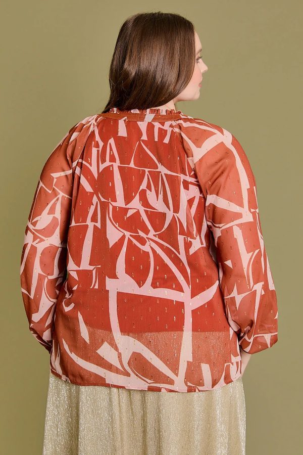 Plus Size Ruffle Abstract Long Sleeve V-Neck Blouse - Image 2