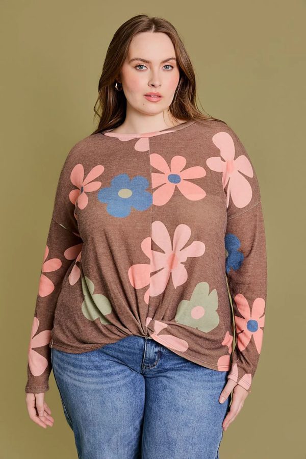 Plus Size Retro Floral Print Long Sleeve Twisted Hem Relaxed Fit Boutique Top - Image 1