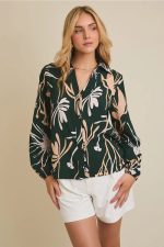 Plus Size Forest Green Tropical Botanical Print Button Down Long Sleeve Blouse - Image 3