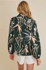 Plus Size Forest Green Tropical Botanical Print Button Down Long Sleeve Blouse - Image 2