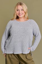 Plus Size Gray Textured with Side Slits Relaxed Fit Long Sleeve Knit Sweater Top