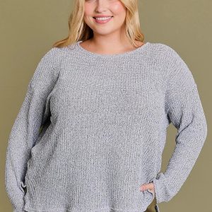 Plus Size Gray Textured with Side Slits Relaxed Fit Long Sleeve Knit Sweater Top