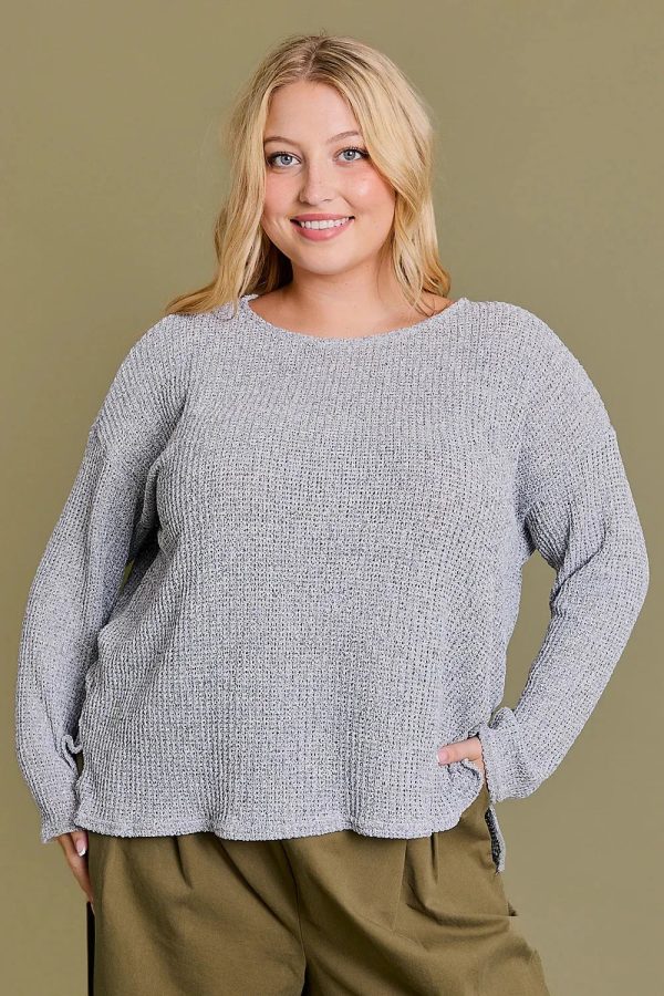 Plus Size Gray Textured with Side Slits Relaxed Fit Long Sleeve Knit Sweater Top - Image 1