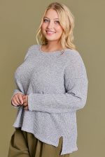 Plus Size Gray Textured with Side Slits Relaxed Fit Long Sleeve Knit Sweater Top - Image 3