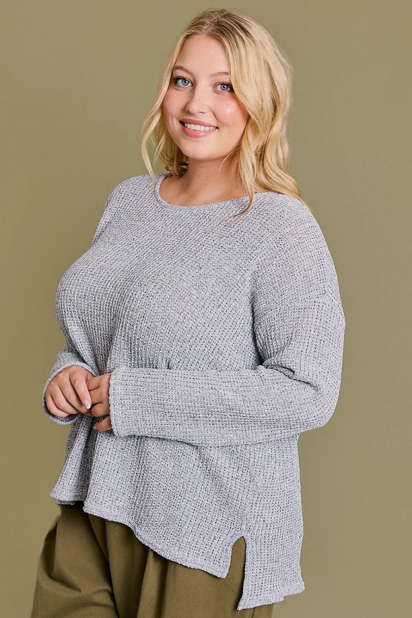 Plus Size Gray Textured with Side Slits Relaxed Fit Long Sleeve Knit Sweater Top - Image 3