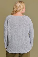 Plus Size Gray Textured with Side Slits Relaxed Fit Long Sleeve Knit Sweater Top - Image 2
