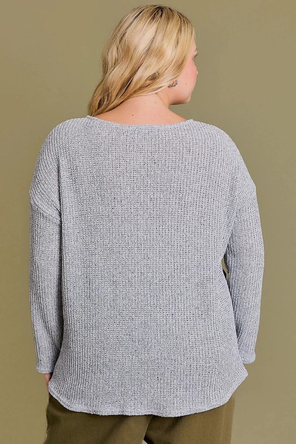 Plus Size Gray Textured with Side Slits Relaxed Fit Long Sleeve Knit Sweater Top - Image 2