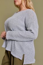 Plus Size Gray Textured with Side Slits Relaxed Fit Long Sleeve Knit Sweater Top - Image 4