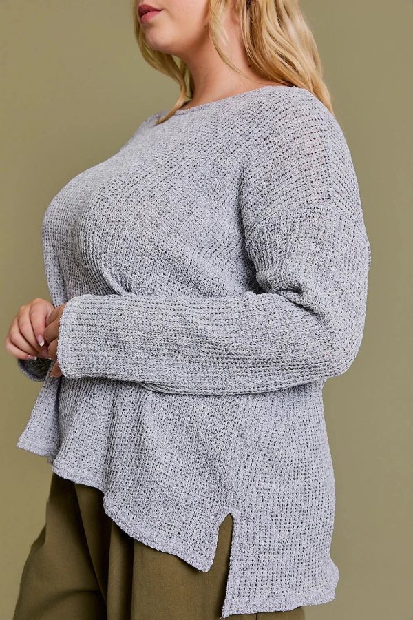 Plus Size Gray Textured with Side Slits Relaxed Fit Long Sleeve Knit Sweater Top - Image 4