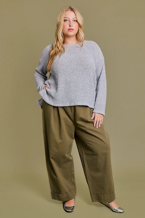 Plus Size Gray Textured with Side Slits Relaxed Fit Long Sleeve Knit Sweater Top - Image 5