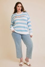 Plus Size Blue White Striped "Bonjour" Embroidered Long Sleeve Sweater - Image 6