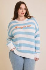 Plus Size Blue White Striped "Bonjour" Embroidered Long Sleeve Sweater