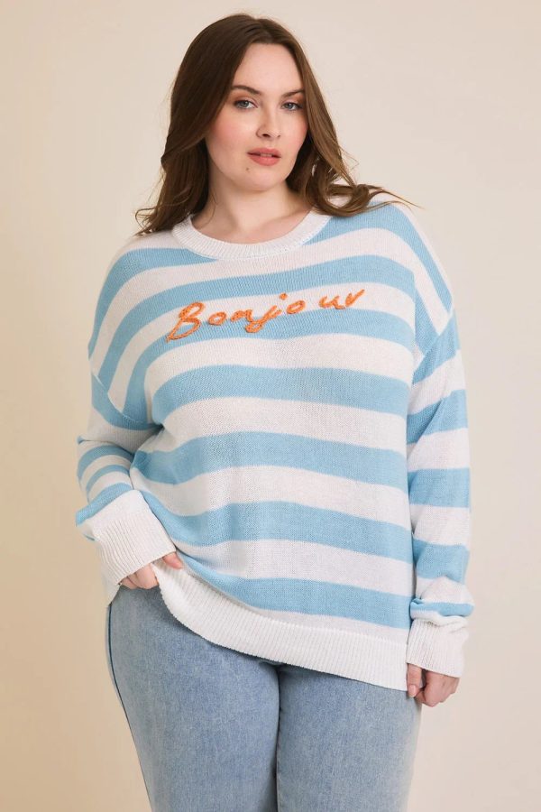 Plus Size Blue White Striped "Bonjour" Embroidered Long Sleeve Sweater - Image 1