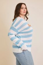 Plus Size Blue White Striped "Bonjour" Embroidered Long Sleeve Sweater - Image 3