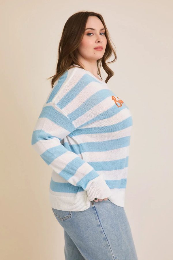 Plus Size Blue White Striped "Bonjour" Embroidered Long Sleeve Sweater - Image 3