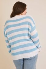 Plus Size Blue White Striped "Bonjour" Embroidered Long Sleeve Sweater - Image 2