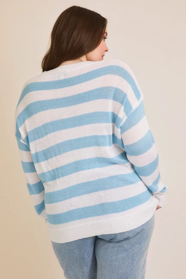 Plus Size Blue White Striped "Bonjour" Embroidered Long Sleeve Sweater - Image 2