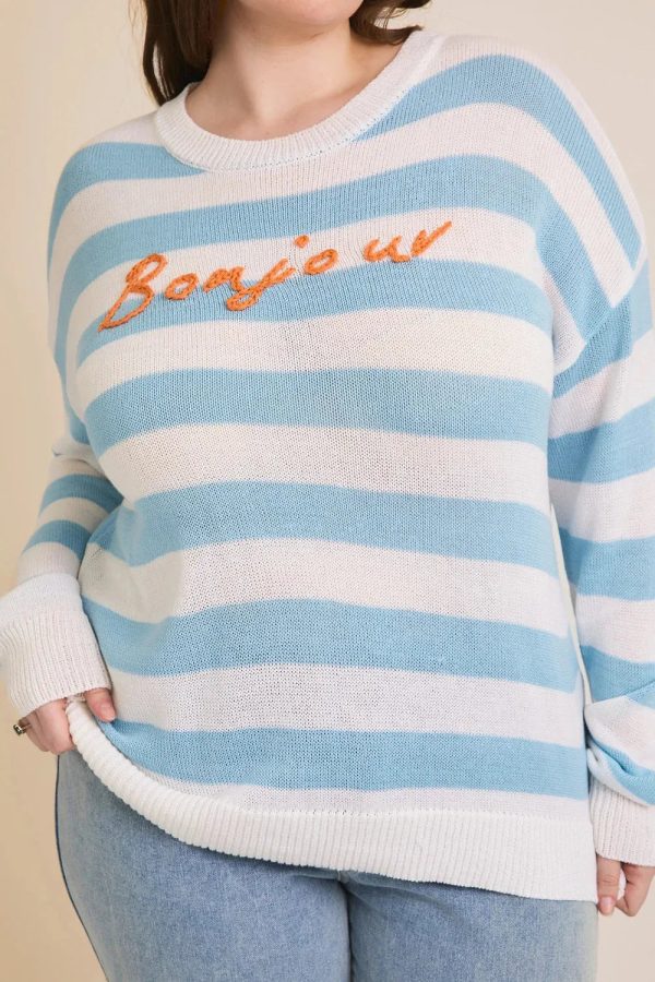 Plus Size Blue White Striped "Bonjour" Embroidered Long Sleeve Sweater - Image 4
