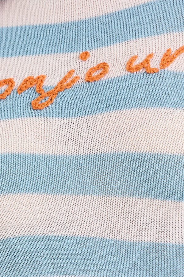 Plus Size Blue White Striped "Bonjour" Embroidered Long Sleeve Sweater - Image 5
