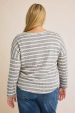 Plus Size Grey Cream Striped Long Sleeve Scalloped Hem Relaxed Fit Knit Top - Image 2