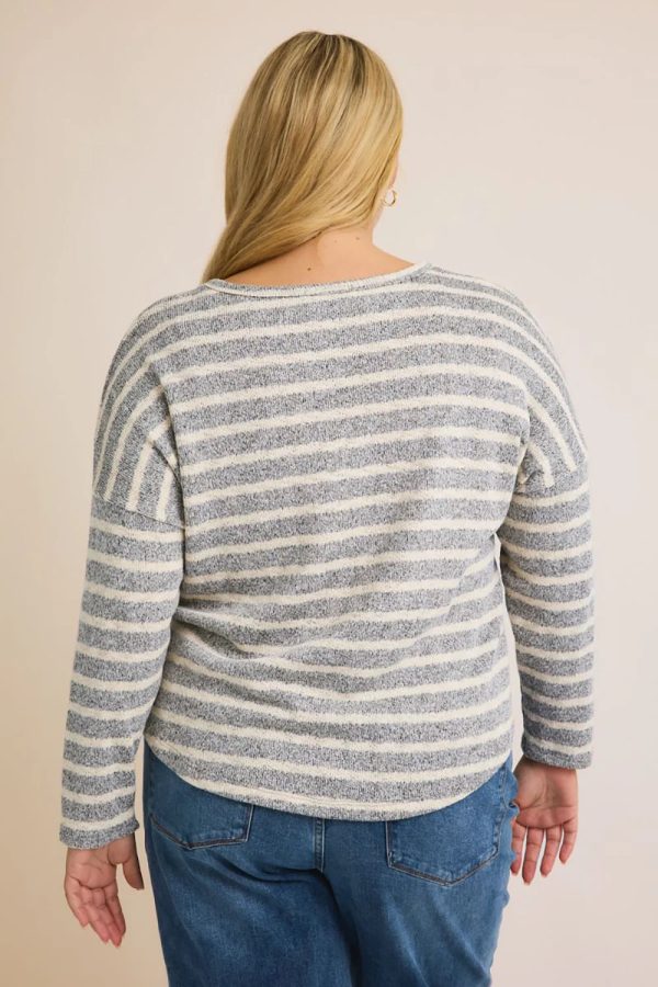 Plus Size Grey Cream Striped Long Sleeve Scalloped Hem Relaxed Fit Knit Top - Image 2
