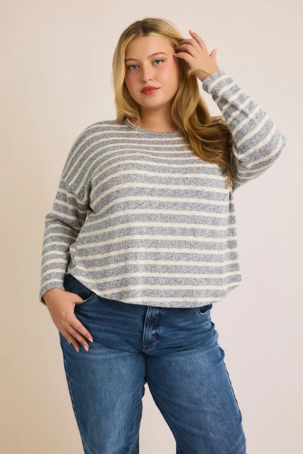 Plus Size Grey Cream Striped Long Sleeve Scalloped Hem Relaxed Fit Knit Top - Image 1