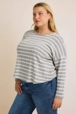Plus Size Grey Cream Striped Long Sleeve Scalloped Hem Relaxed Fit Knit Top - Image 3