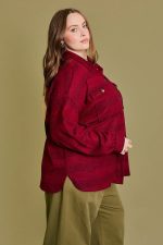 Plus Size Burgundy Flannel Button Front Chest Pocket Oversized Shacket - Image 3