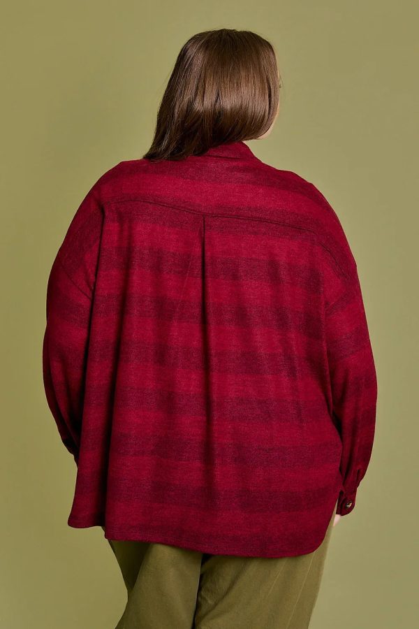 Plus Size Burgundy Flannel Button Front Chest Pocket Oversized Shacket - Image 2