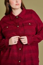 Plus Size Burgundy Flannel Button Front Chest Pocket Oversized Shacket - Image 4